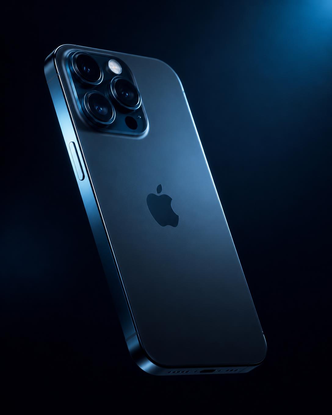 Smartphone premium sobre fondo oscuro con luz azul