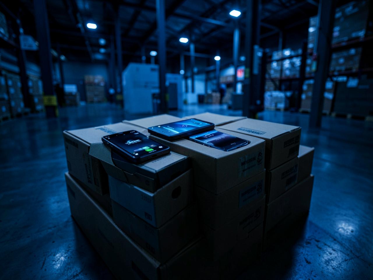 Cajas de smartphones listas para envío en almacén